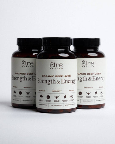 Three bottles of Etre Health Organic Beef Liver Strength & Energy supplement on a white background